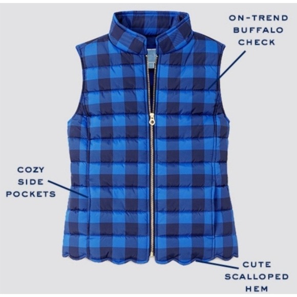 Draper James Womens Navy/Cobalt Blue Buffalo Plaid Scalloped Puffer Vest Size 14 - Picture 10 of 11